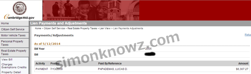 πληρωμές στον λογαριασμό του φόρου ακίνητης περιουσίας 2005 για το διαμέρισμα του Λουκά Παπαδήμου στο Κέιμπριτζ της Μασαχουσέτης των ΗΠΑ